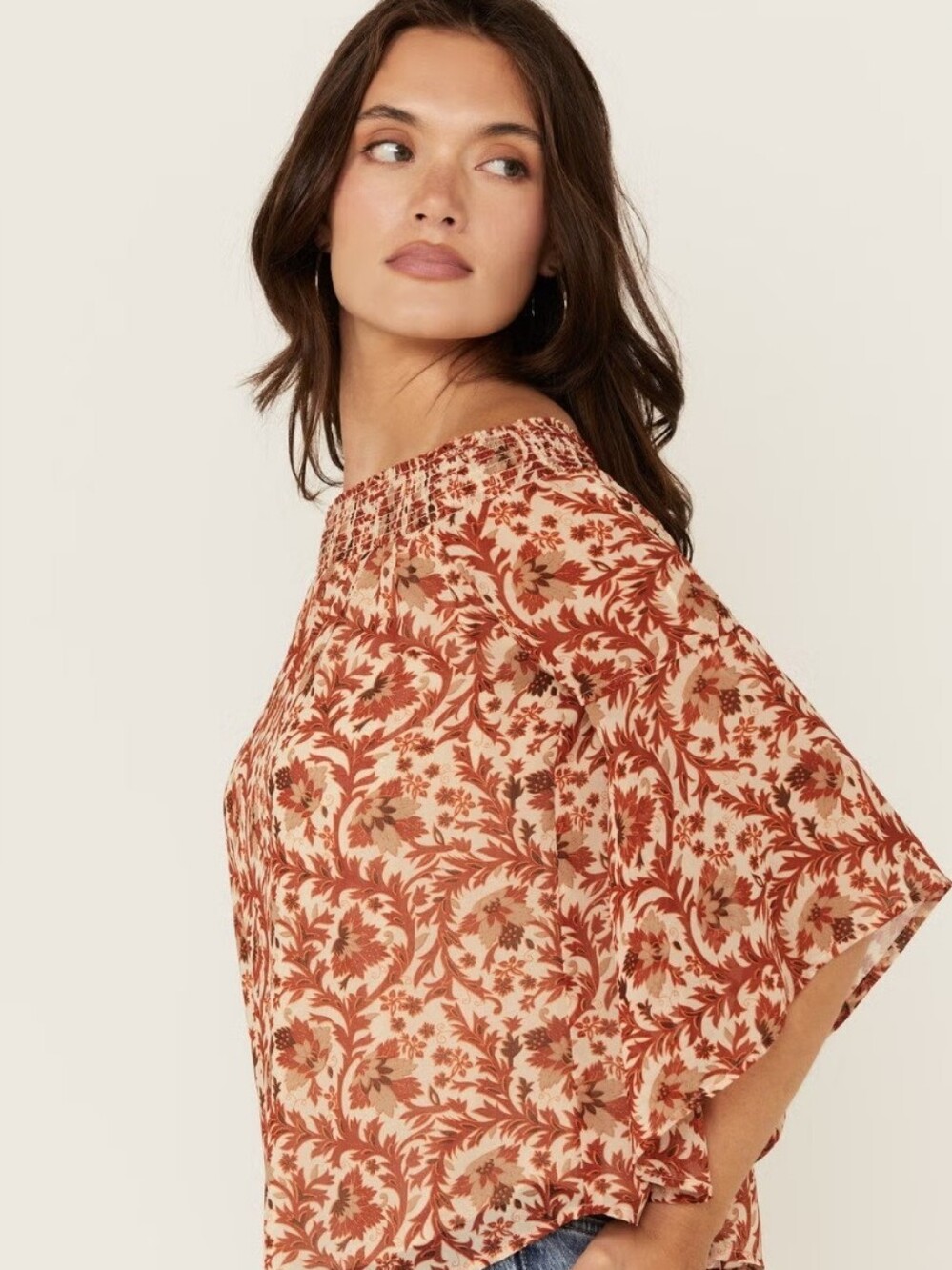 Shyanne XS Boho Floral Bell Sleeve Top Rust Beige 🌺